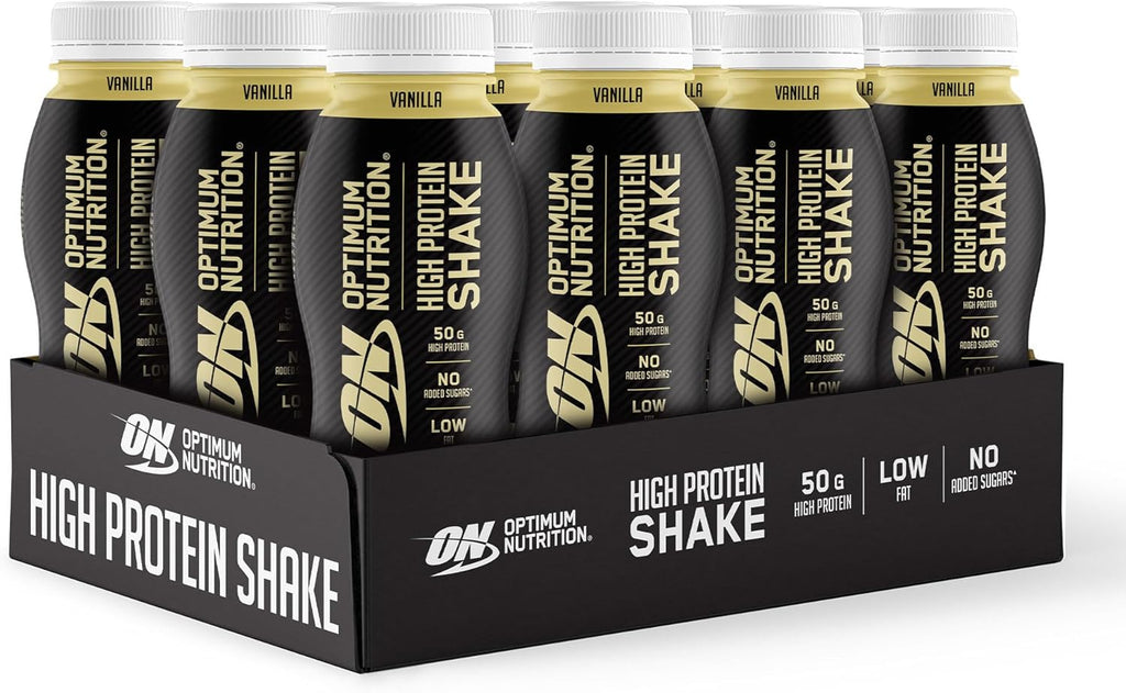 ON High Protein Shake Bottles, Ready To Drink Healthy Snacks, No added sugars, low fat, Post Workout Snack for Men and Women, Vanilla Flavour, 12x500ml, Packaging may