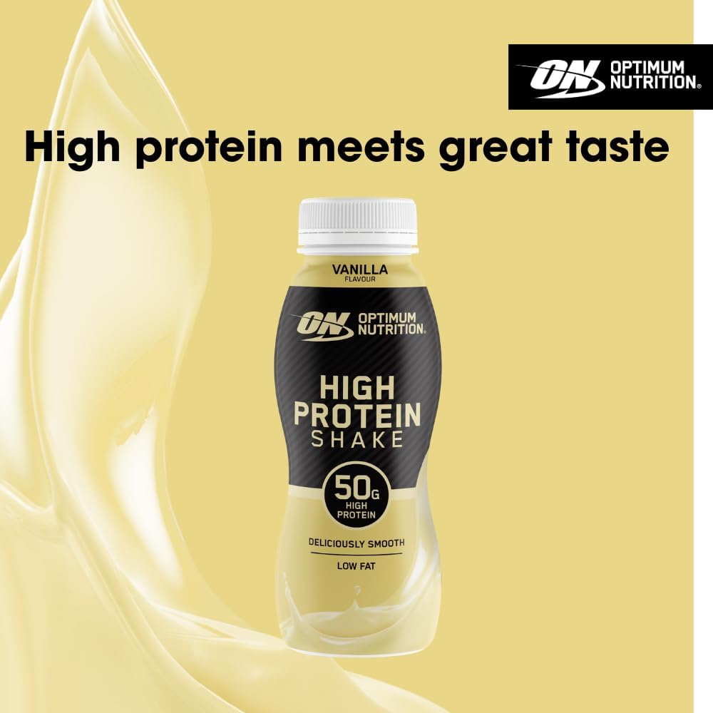 ON High Protein Shake Bottles, Ready To Drink Healthy Snacks, No added sugars, low fat, Post Workout Snack for Men and Women, Vanilla Flavour, 12x500ml, Packaging may