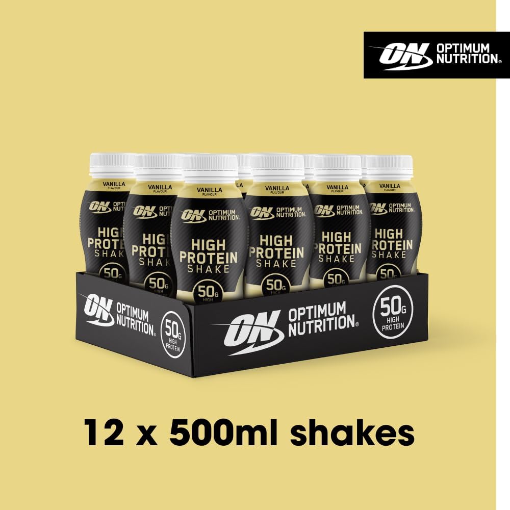ON High Protein Shake Bottles, Ready To Drink Healthy Snacks, No added sugars, low fat, Post Workout Snack for Men and Women, Vanilla Flavour, 12x500ml, Packaging may