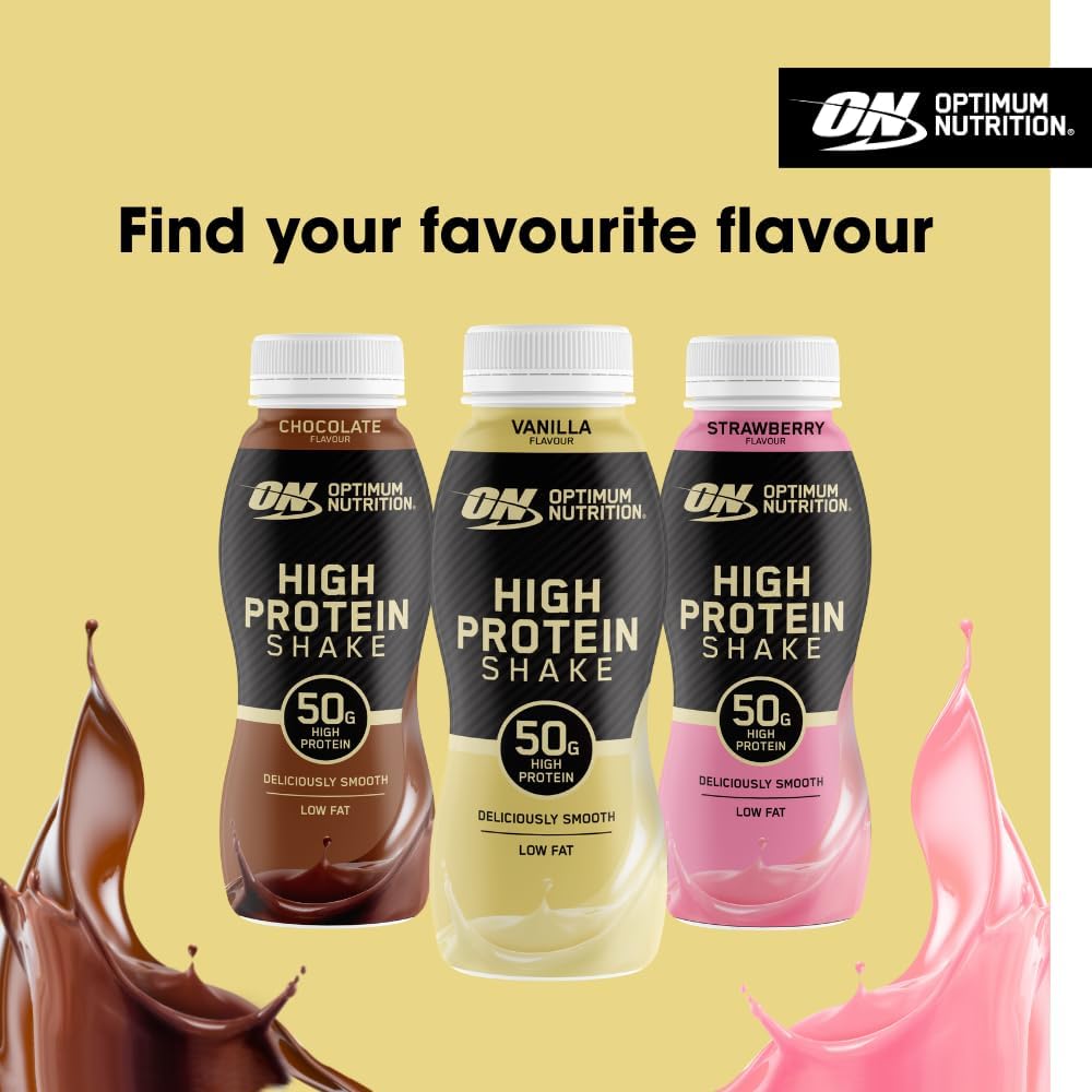 ON High Protein Shake Bottles, Ready To Drink Healthy Snacks, No added sugars, low fat, Post Workout Snack for Men and Women, Vanilla Flavour, 12x500ml, Packaging may