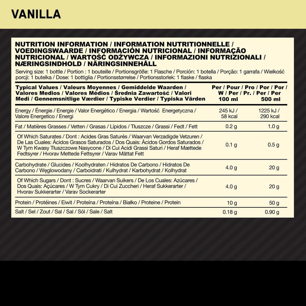 ON High Protein Shake Bottles, Ready To Drink Healthy Snacks, No added sugars, low fat, Post Workout Snack for Men and Women, Vanilla Flavour, 12x500ml, Packaging may