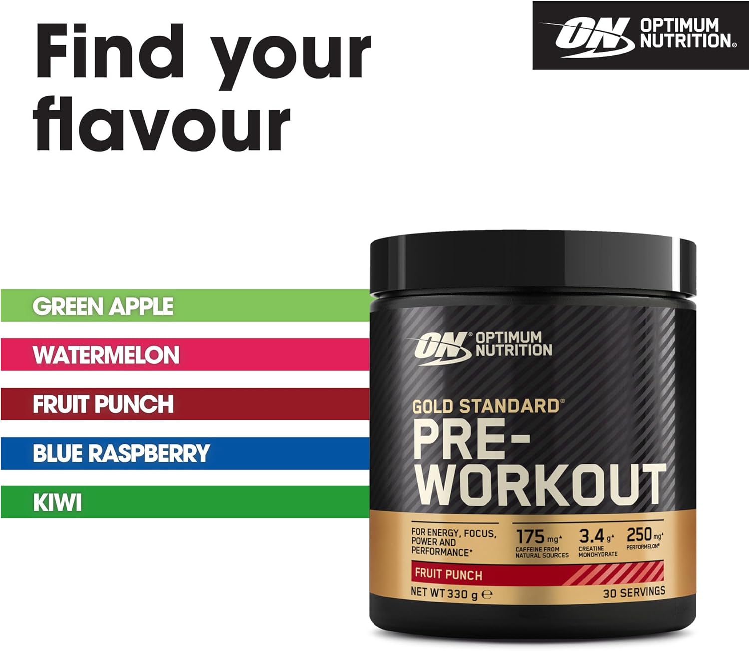 Optimum Nutrition Gold Standard Pre Workout Powder, Energy Drink with Creatine Monohydrate, Beta Alanine, Caffeine and Vitamin B Complex, Nutrition Supplement, Fruit Punch Flavour, 30 Servings, 330 g