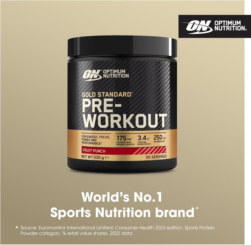 Optimum Nutrition Gold Standard Pre Workout Powder, Energy Drink with Creatine Monohydrate, Beta Alanine, Caffeine and Vitamin B Complex, Nutrition Supplement, Fruit Punch Flavour, 30 Servings, 330 g