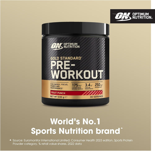 Optimum Nutrition Gold Standard Pre Workout Powder, Energy Drink with Creatine Monohydrate, Beta Alanine, Caffeine and Vitamin B Complex, Nutrition Supplement, Fruit Punch Flavour, 30 Servings, 330 g