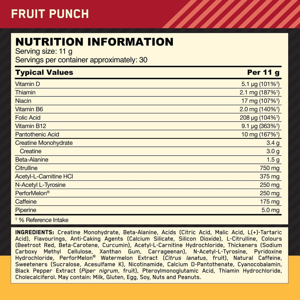 Optimum Nutrition Gold Standard Pre Workout Powder, Energy Drink with Creatine Monohydrate, Beta Alanine, Caffeine and Vitamin B Complex, Nutrition Supplement, Fruit Punch Flavour, 30 Servings, 330 g