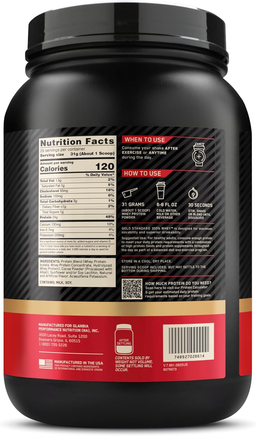 Optimum Nutrition Gold Standard Whey Protein, Muscle Building Powder with Naturally Occurring Glutamine and Amino Acids, Double Rich Chocolate, 29 Servings, 899 g, Packaging May Vary
