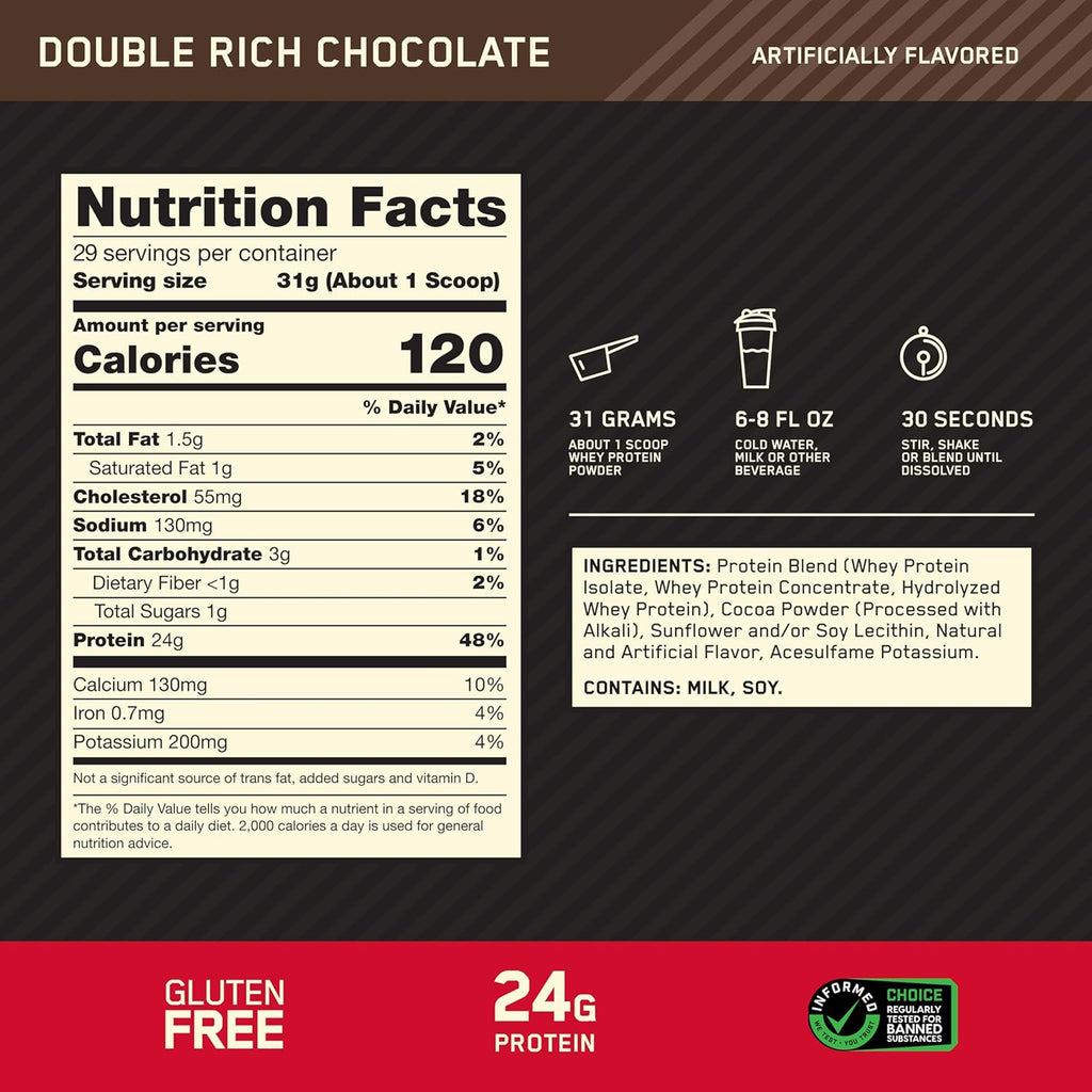 Optimum Nutrition Gold Standard Whey Protein, Muscle Building Powder with Naturally Occurring Glutamine and Amino Acids, Double Rich Chocolate, 29 Servings, 899 g, Packaging May Vary