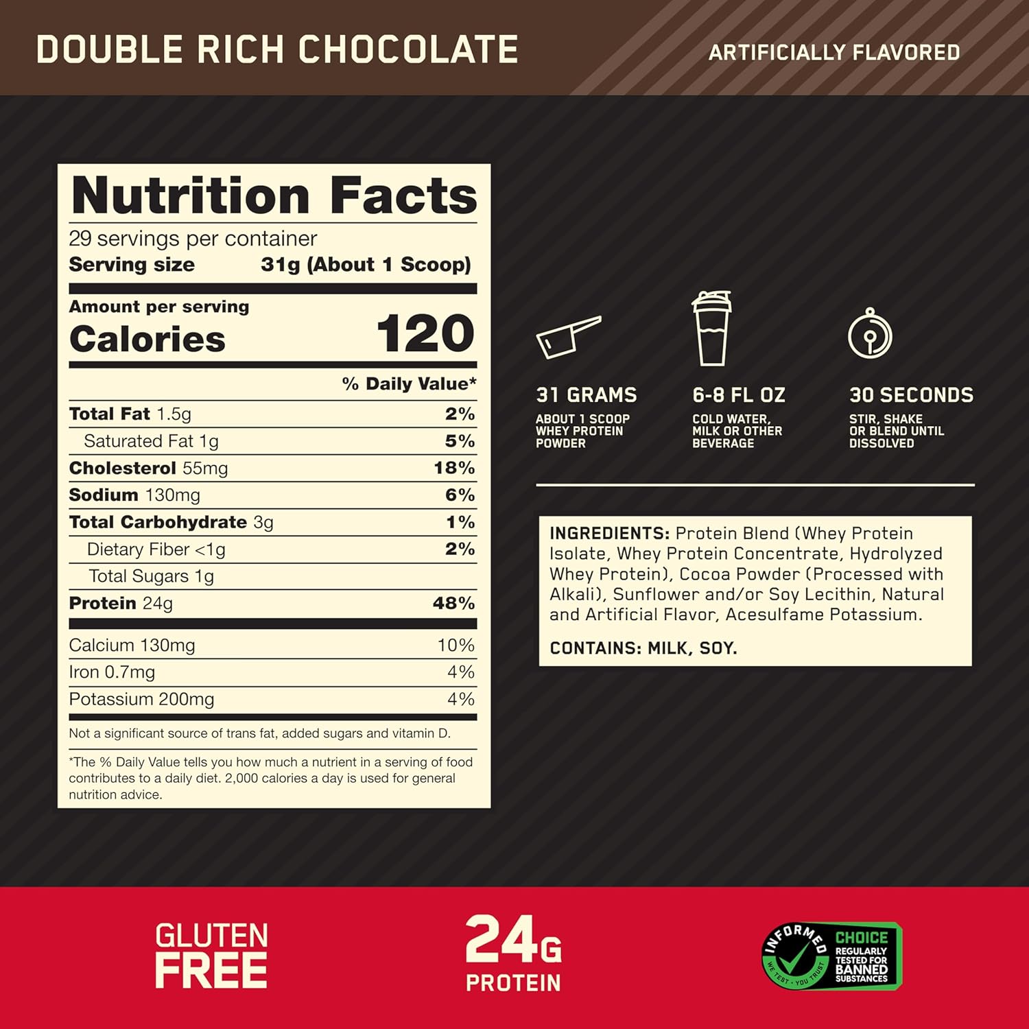 Optimum Nutrition Gold Standard Whey Protein, Muscle Building Powder with Naturally Occurring Glutamine and Amino Acids, Double Rich Chocolate, 29 Servings, 899 g, Packaging May Vary